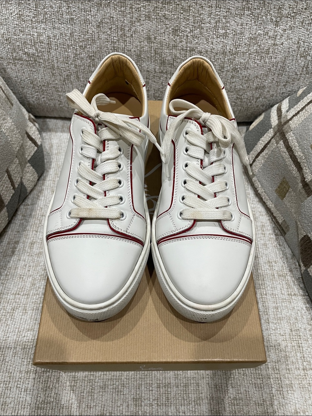 Christian Louboutin White Leather Low-Top Sneakers with Red Piping